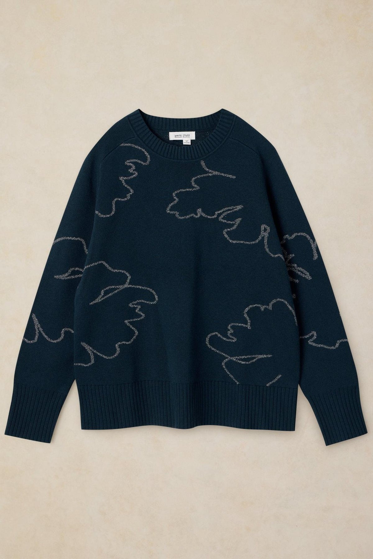 White Stuff women's black jumper featuring a delicate silver sparkly abstract line pattern.