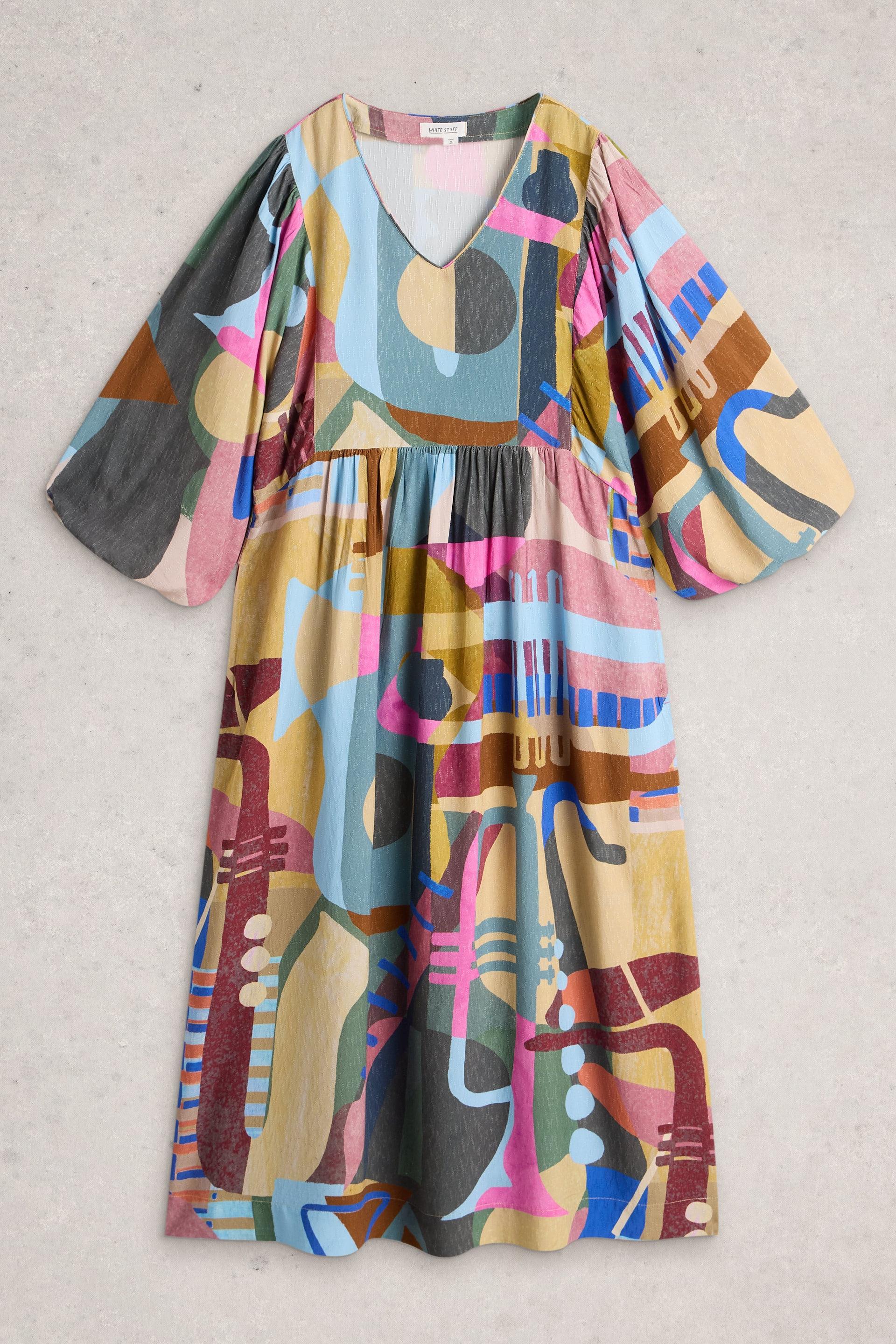 White Stuff midi dress in Ecovero fabric featuring a colorful abstract geometric print and V-neckline.