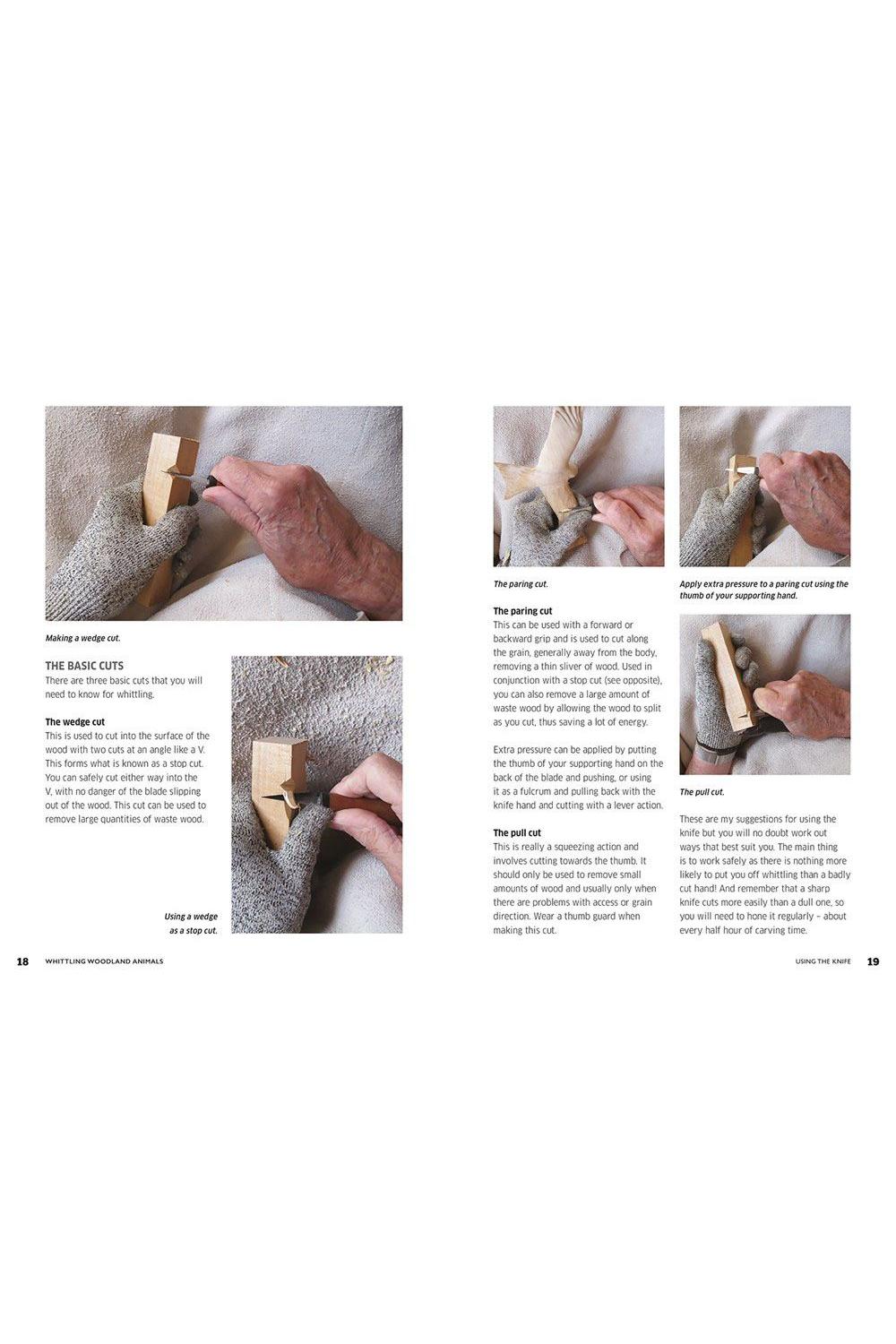 Step-by-step guide on making a wedge cut with a woodcarving tool, shown in multiple frames.