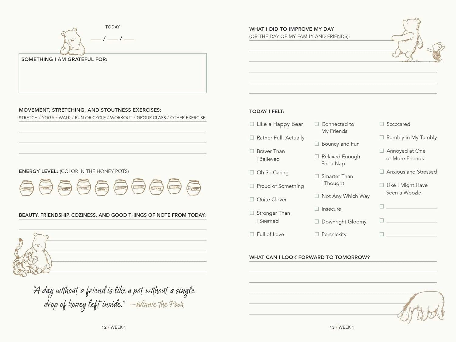 A page from a Winnie the Pooh themed daily wellness journal featuring gratitude, mood tracking, and self-care prompts.