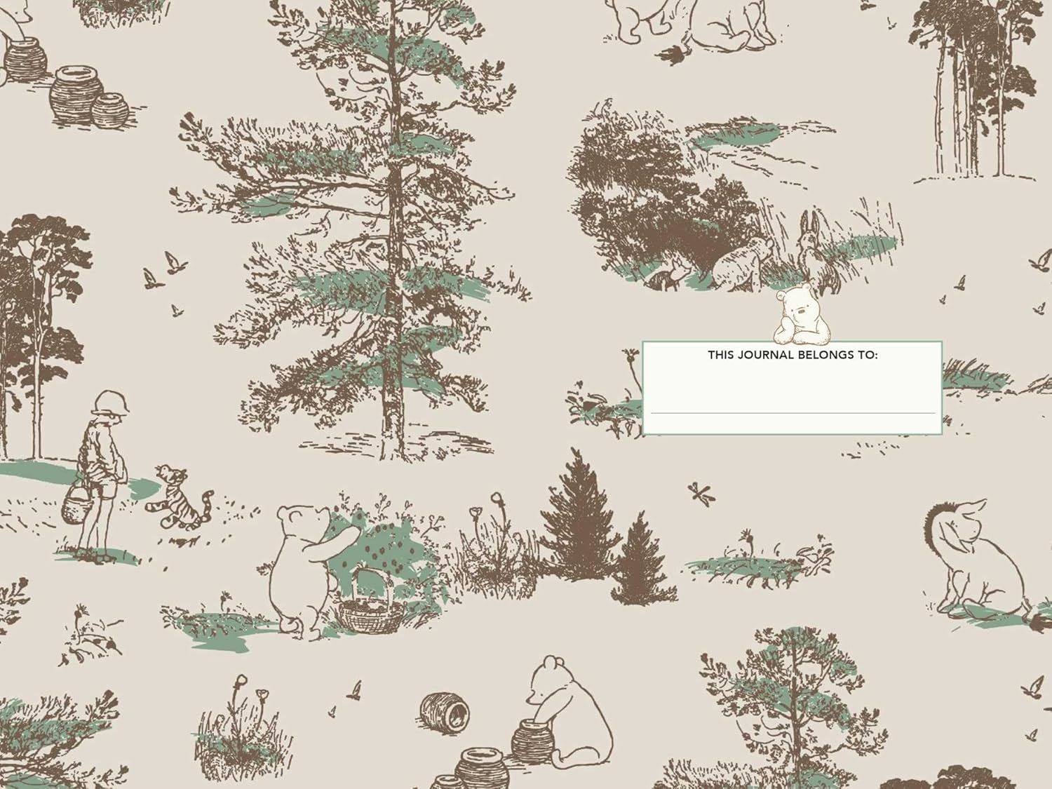 Winnie the Pooh character illustrations on a journal title page with a space to write a name.