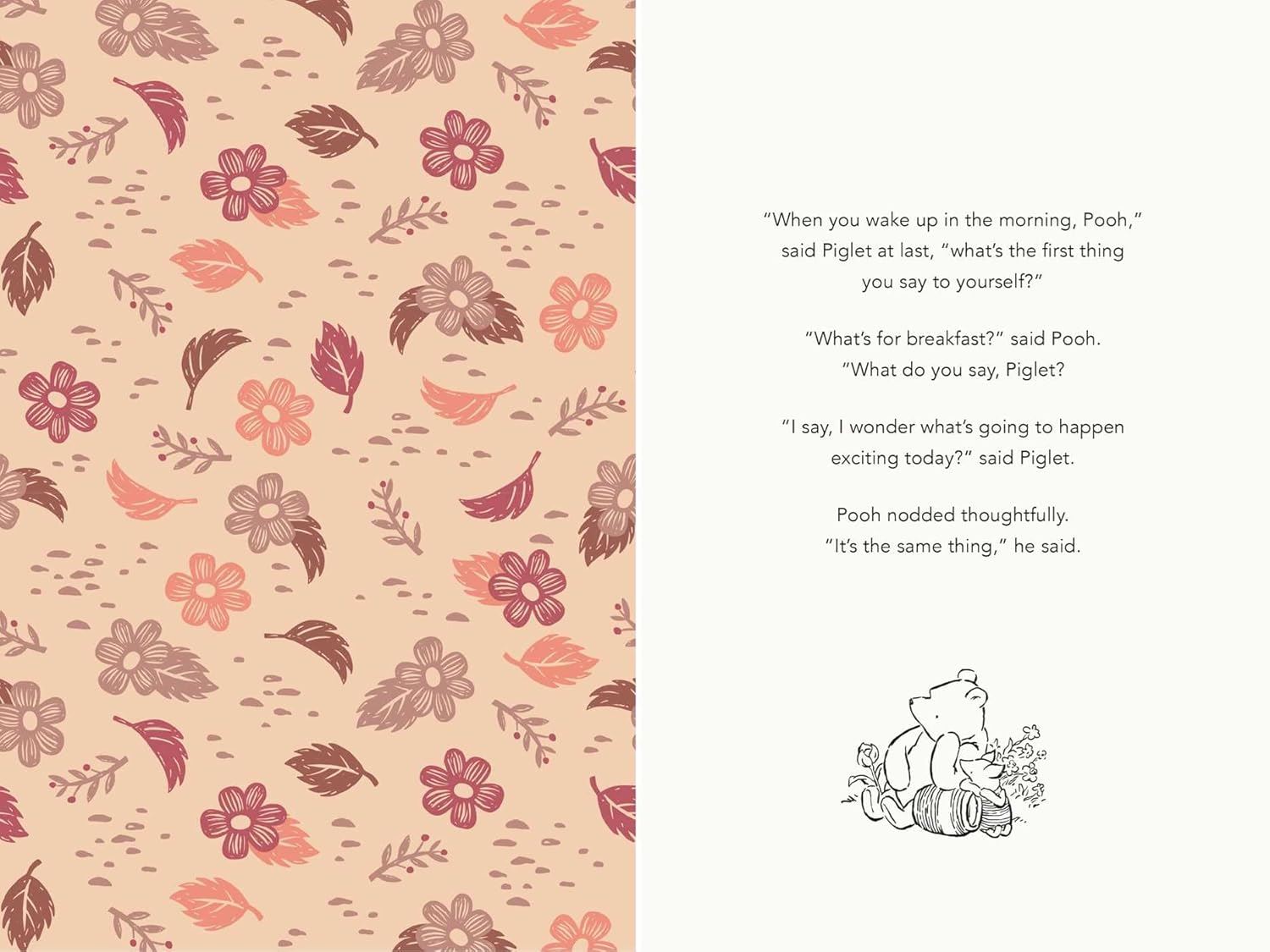 A Winnie the Pooh and Piglet quote about breakfast and excitement on a decorative floral background.