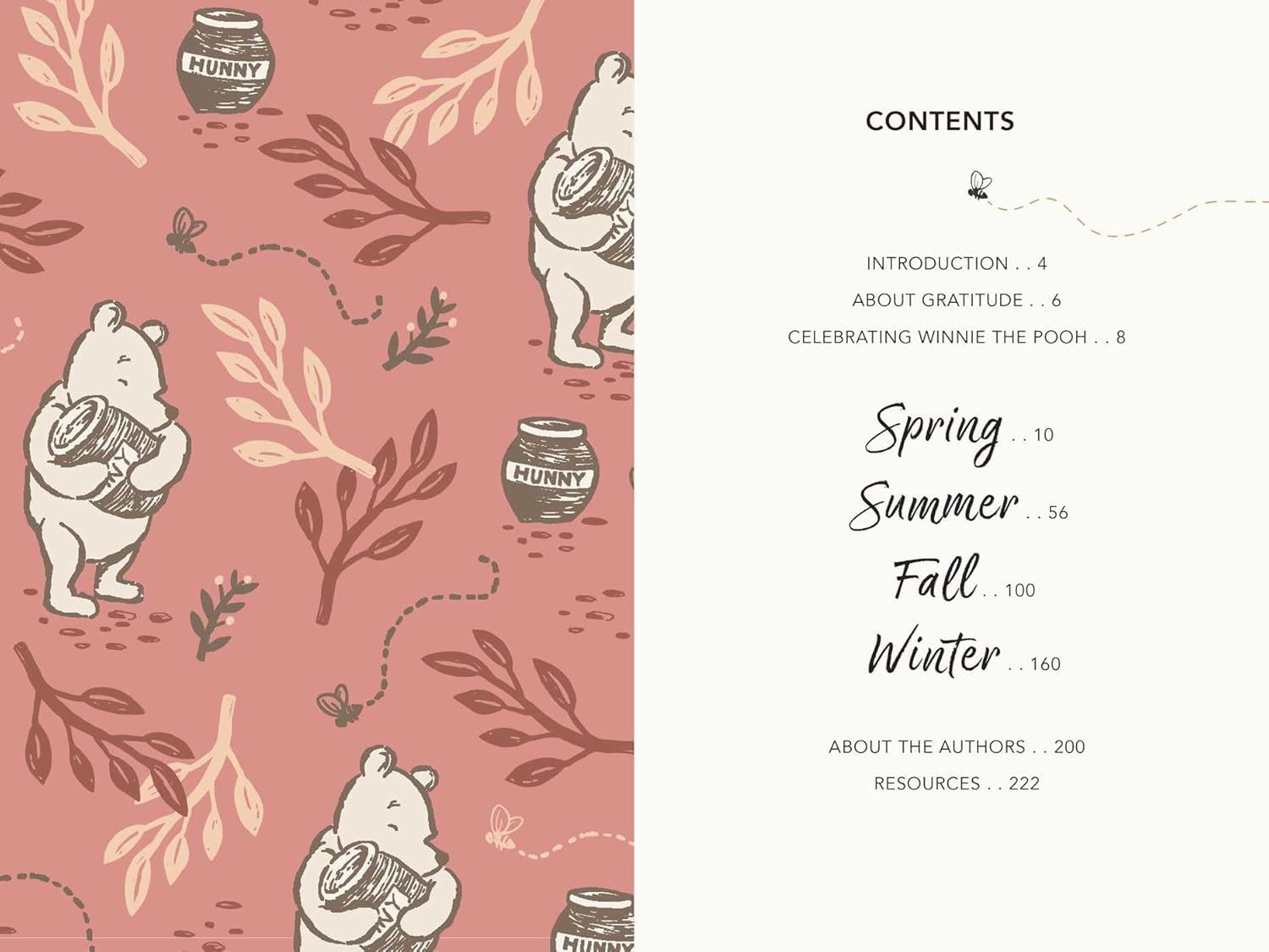 A book contents page featuring Winnie the Pooh illustrations and a seasonal chapter list.