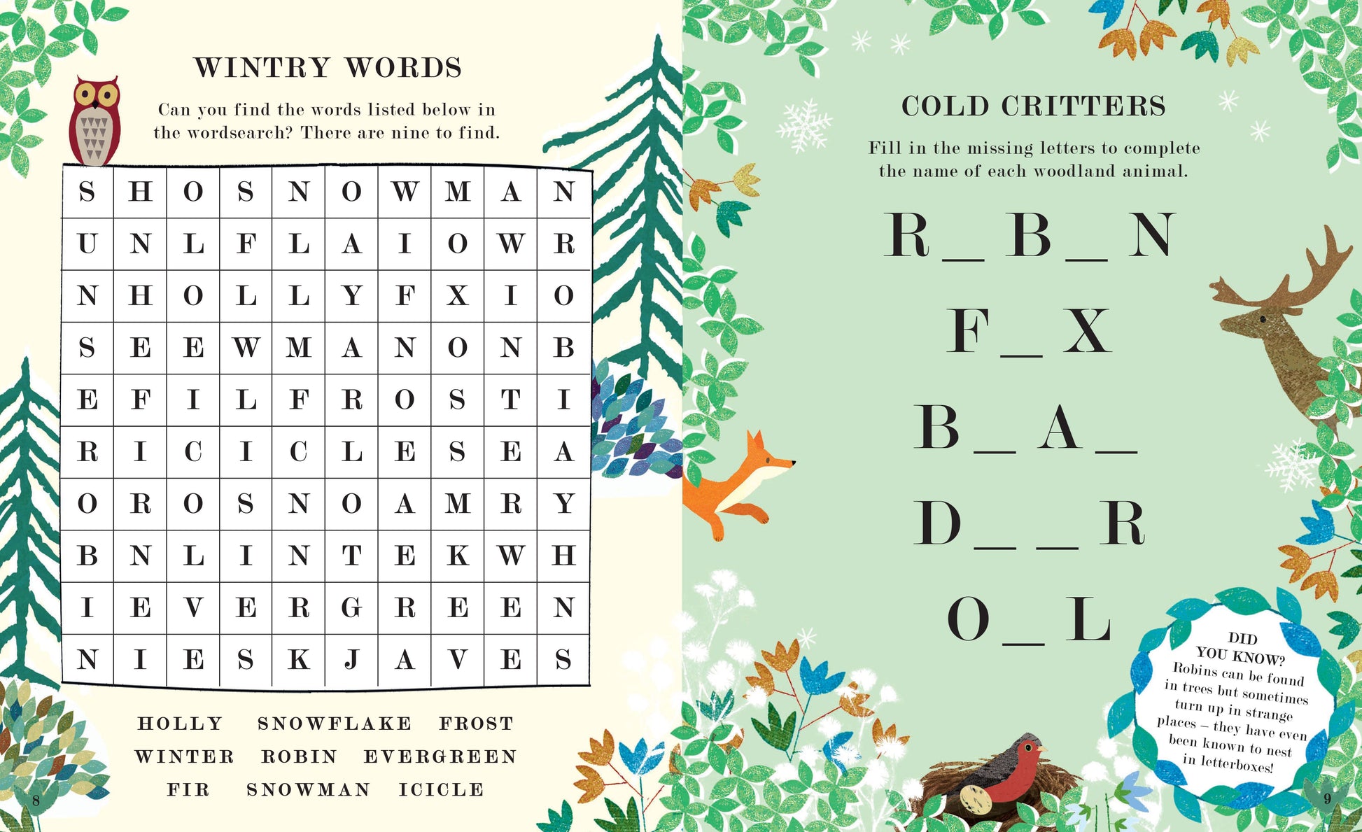 A children's activity book page featuring a winter word search and a fill-in-the-blank animal puzzle.