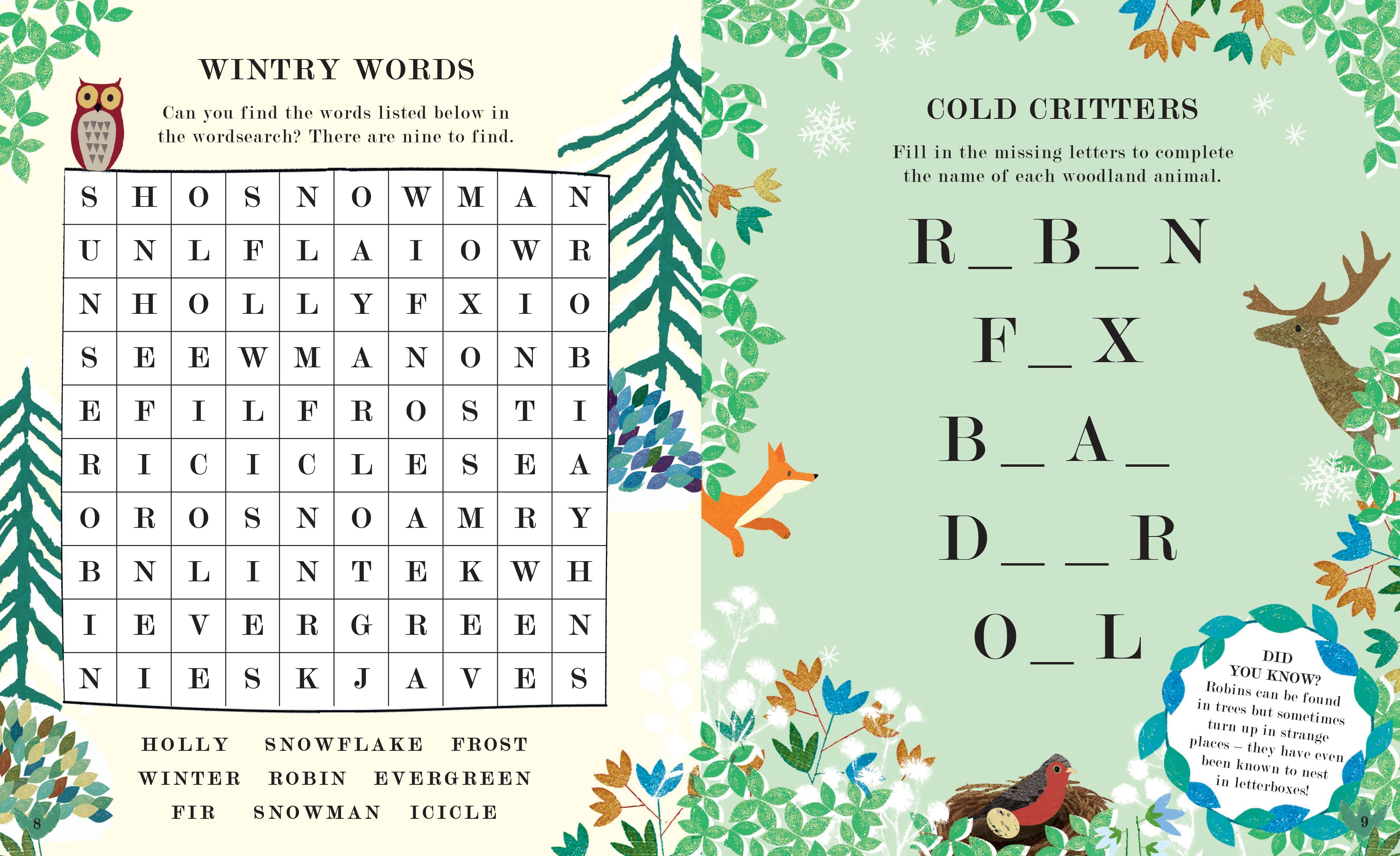 A children's activity book page featuring a winter word search and a fill-in-the-blank animal puzzle.