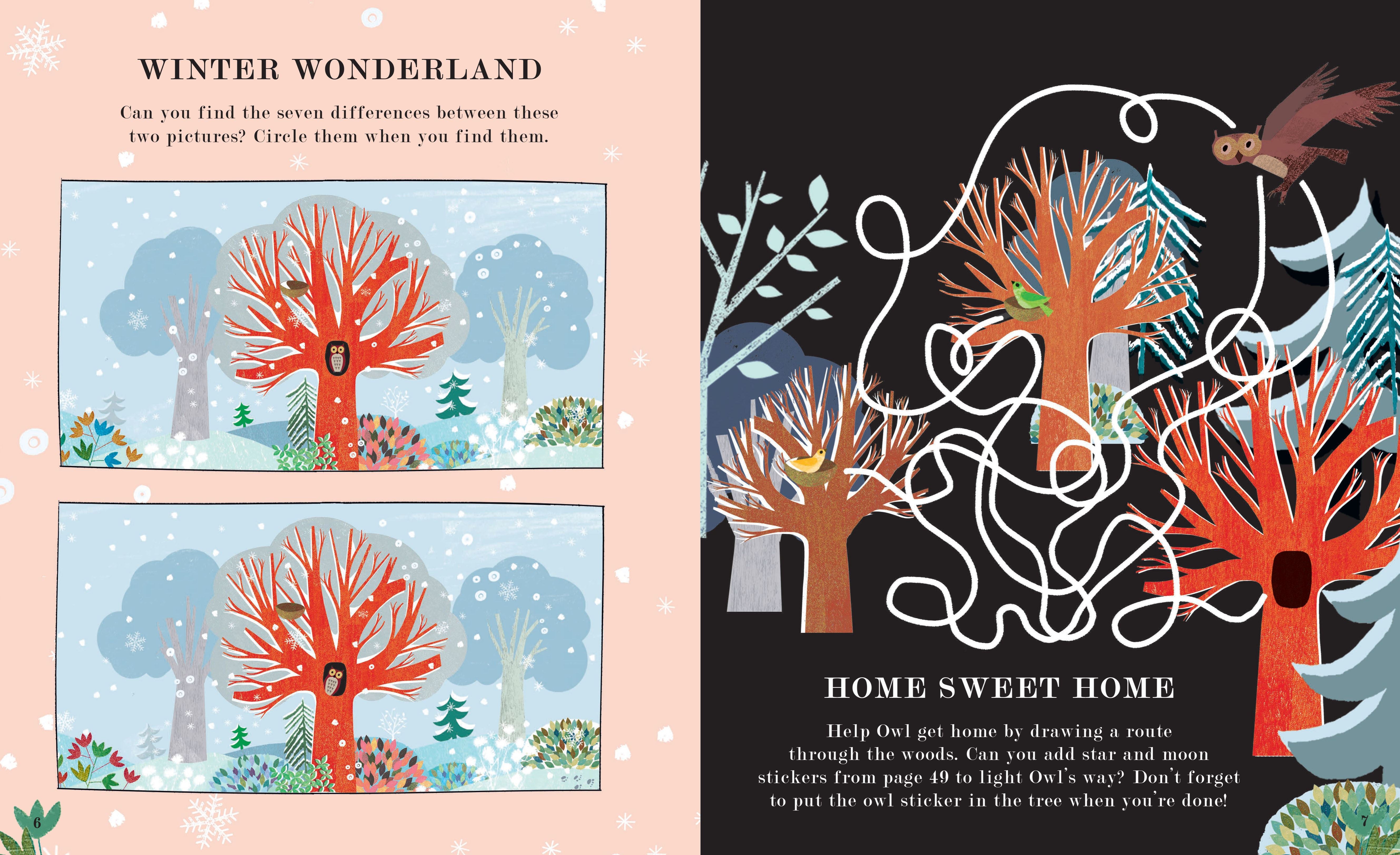 A spot-the-difference activity page from a children's book featuring winter forest illustrations.