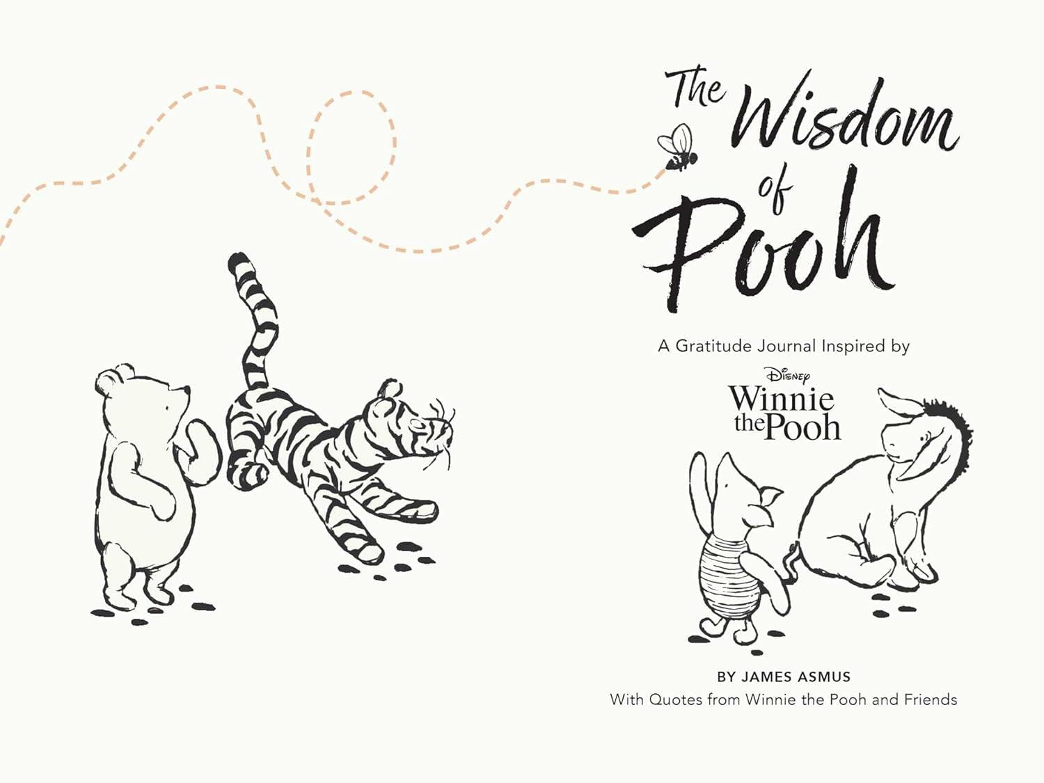 Book cover for The Wisdom of Pooh featuring line art of Winnie the Pooh, Tigger, Piglet, and Eeyore.