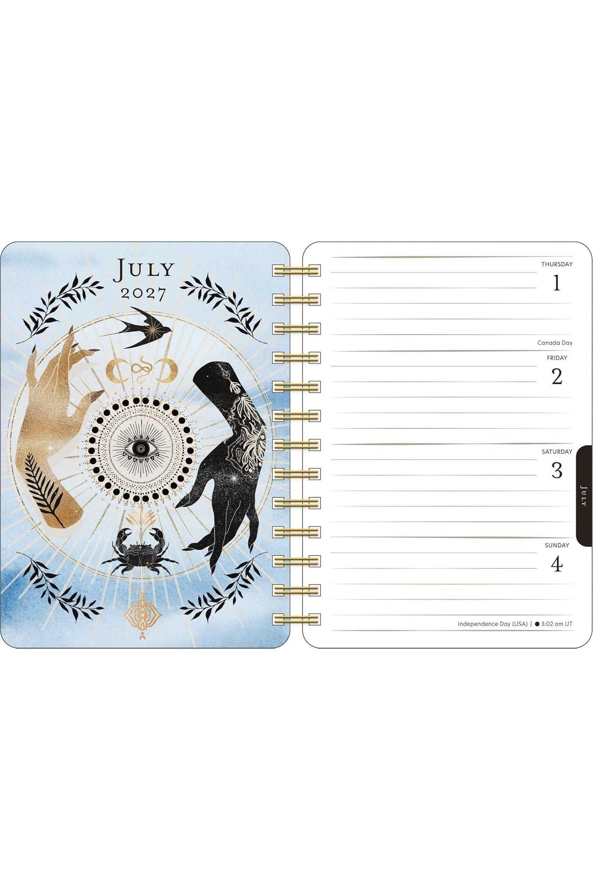 Open witches planner or journal with celestial illustrations of hands, moon phases, and zodiac signs.
