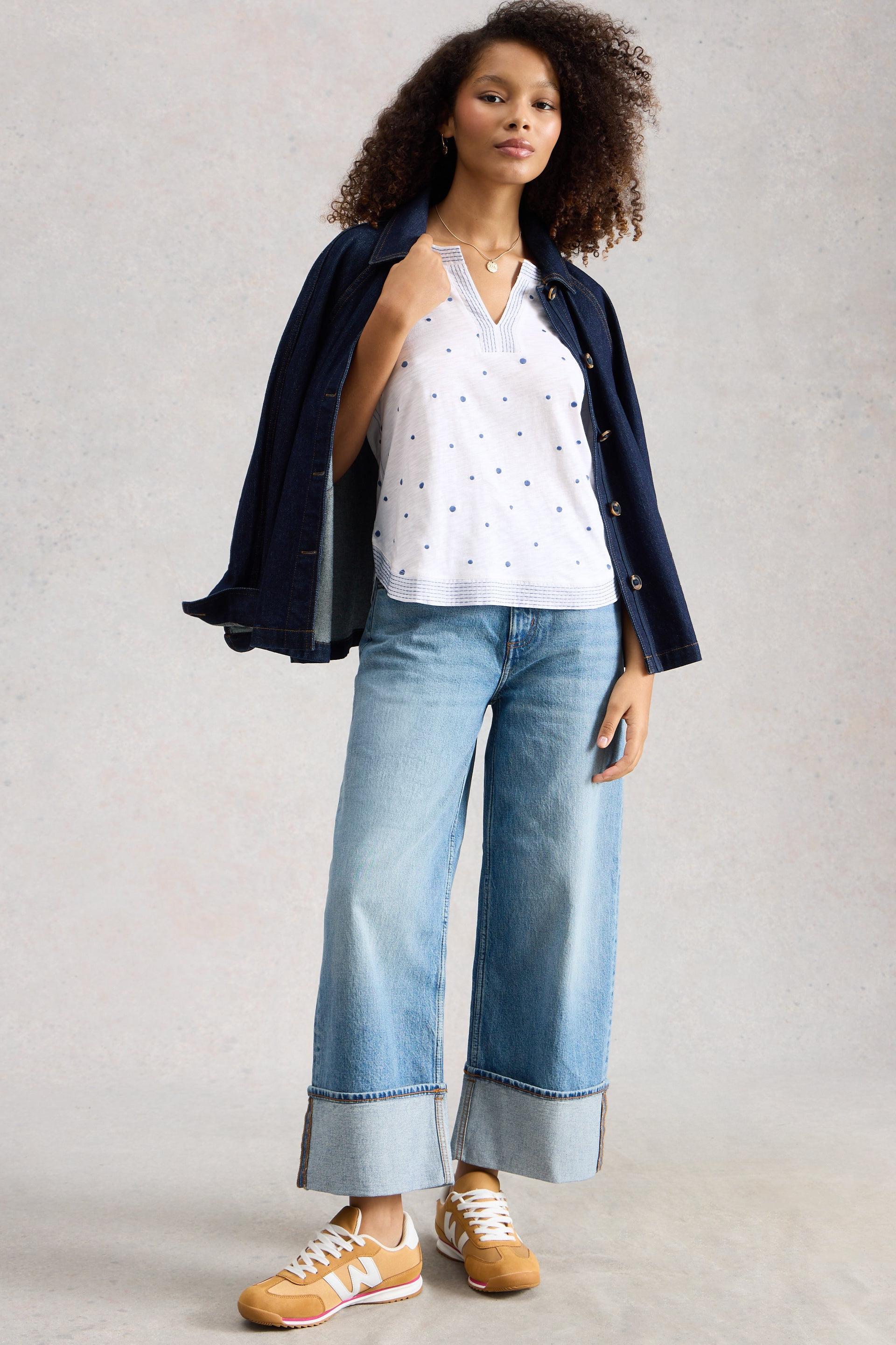 White Stuff Weaver Notch Embroidered White Mlt Tee