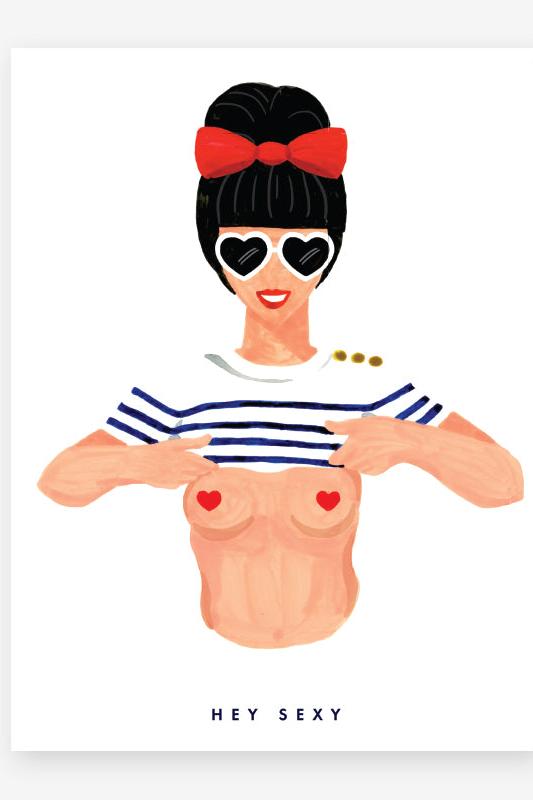 Illustrated woman in a sailor shirt lifting it to show breasts with heart-shaped pasties on a poster.
