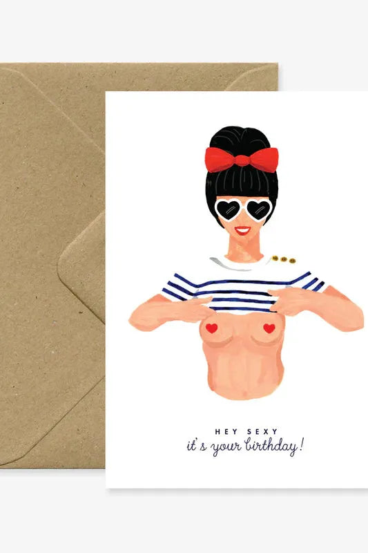 Card with illustration of a person wearing a striped shirt and sunglasses, with a brown envelope.