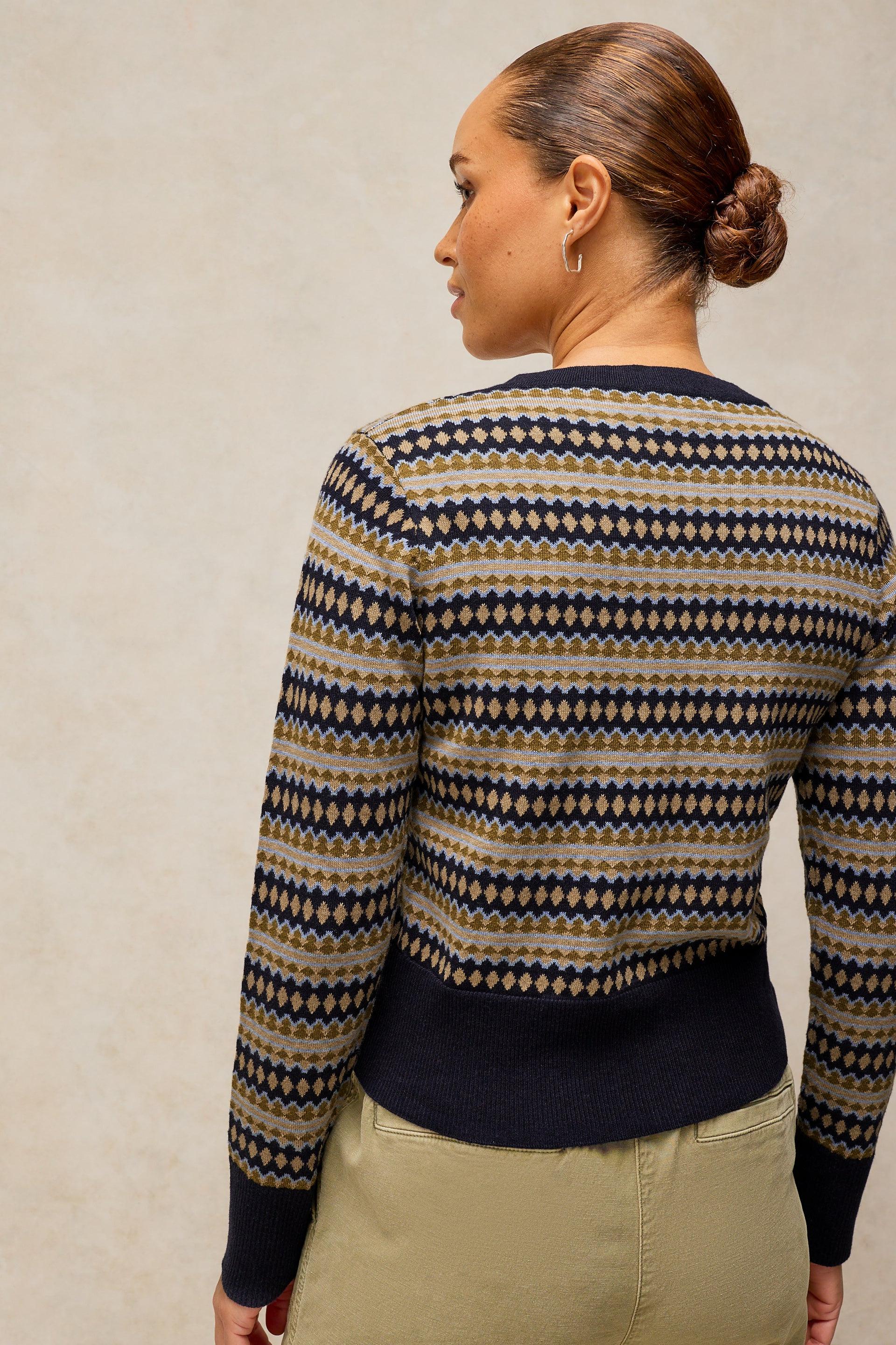 A woman shown from the back wearing a long-sleeve knit sweater with a horizontal geometric pattern in navy blue, beige, and brown, paired with khaki pants against a textured beige background.