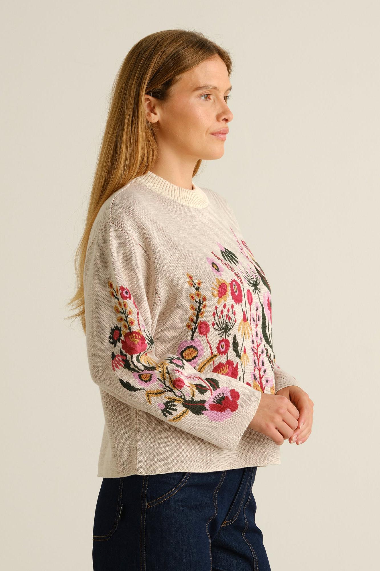 Dedicated Sweater Limhamn Folk Flower Vanilla White Whitecap Gray