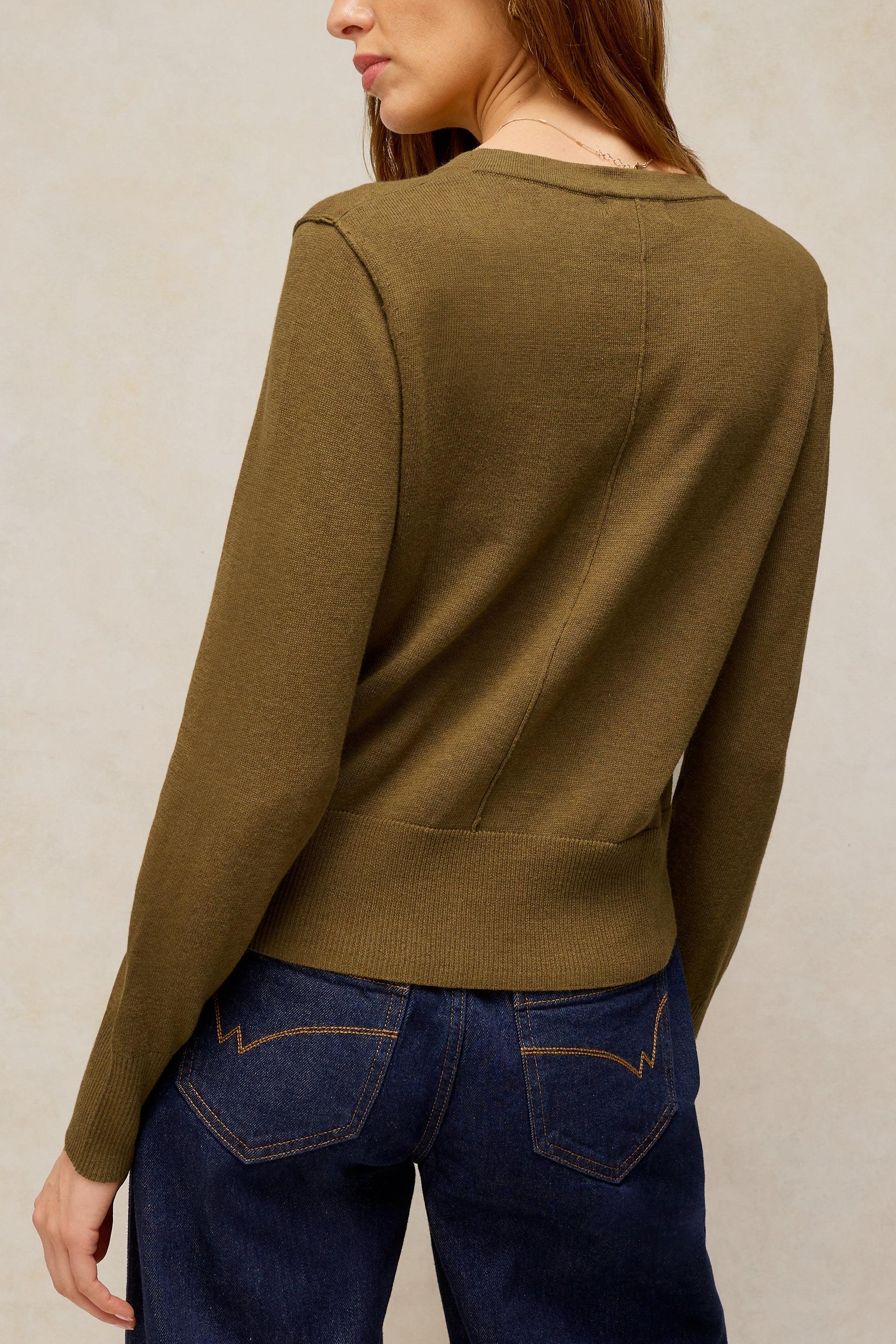 A woman shown from the back wearing an olive green long-sleeve knit cardigan and dark blue jeans against a neutral beige background.