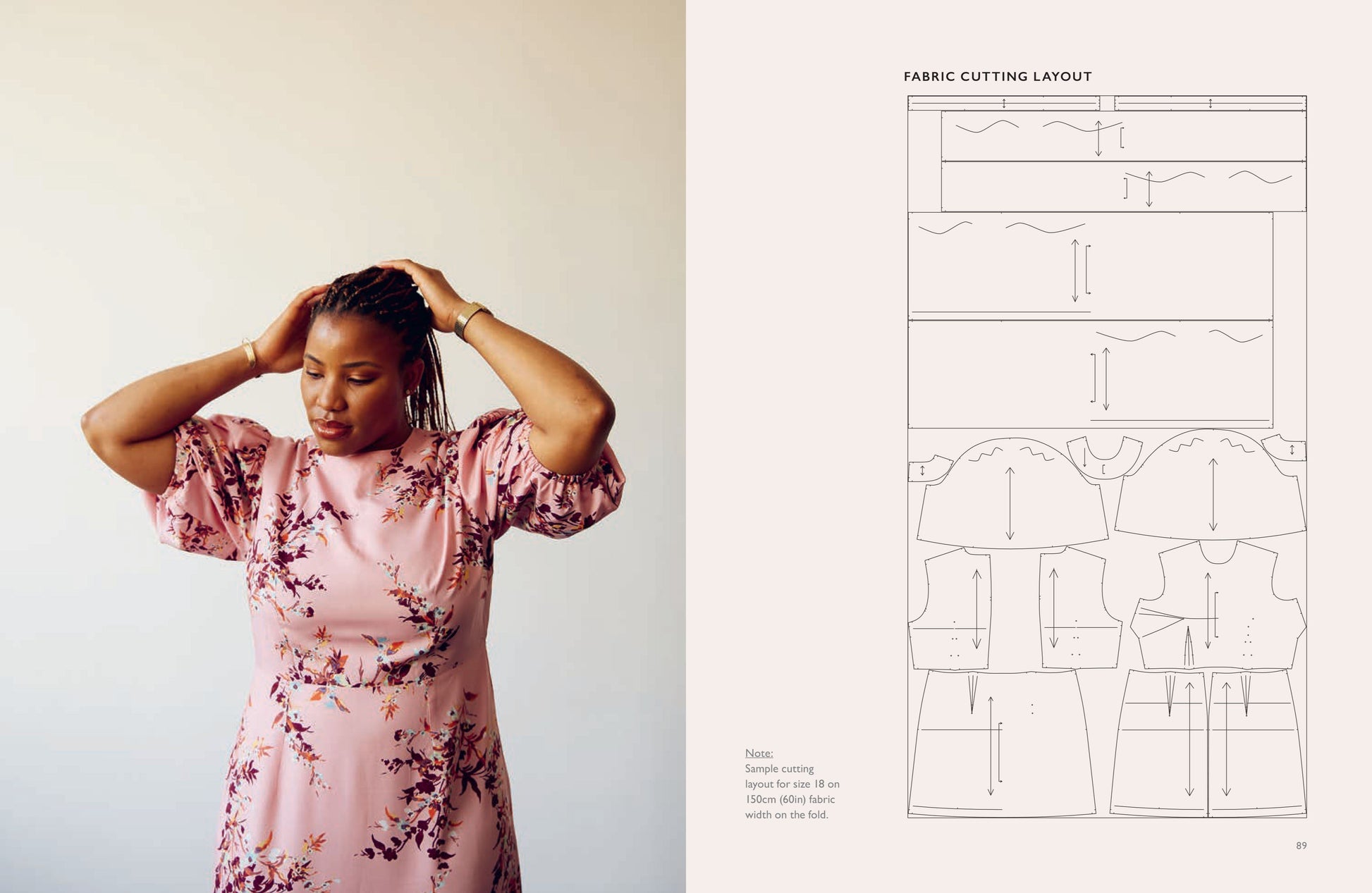 A split-page layout showing a woman wearing a pink floral dress on the left and a fabric cutting layout diagram on the right.