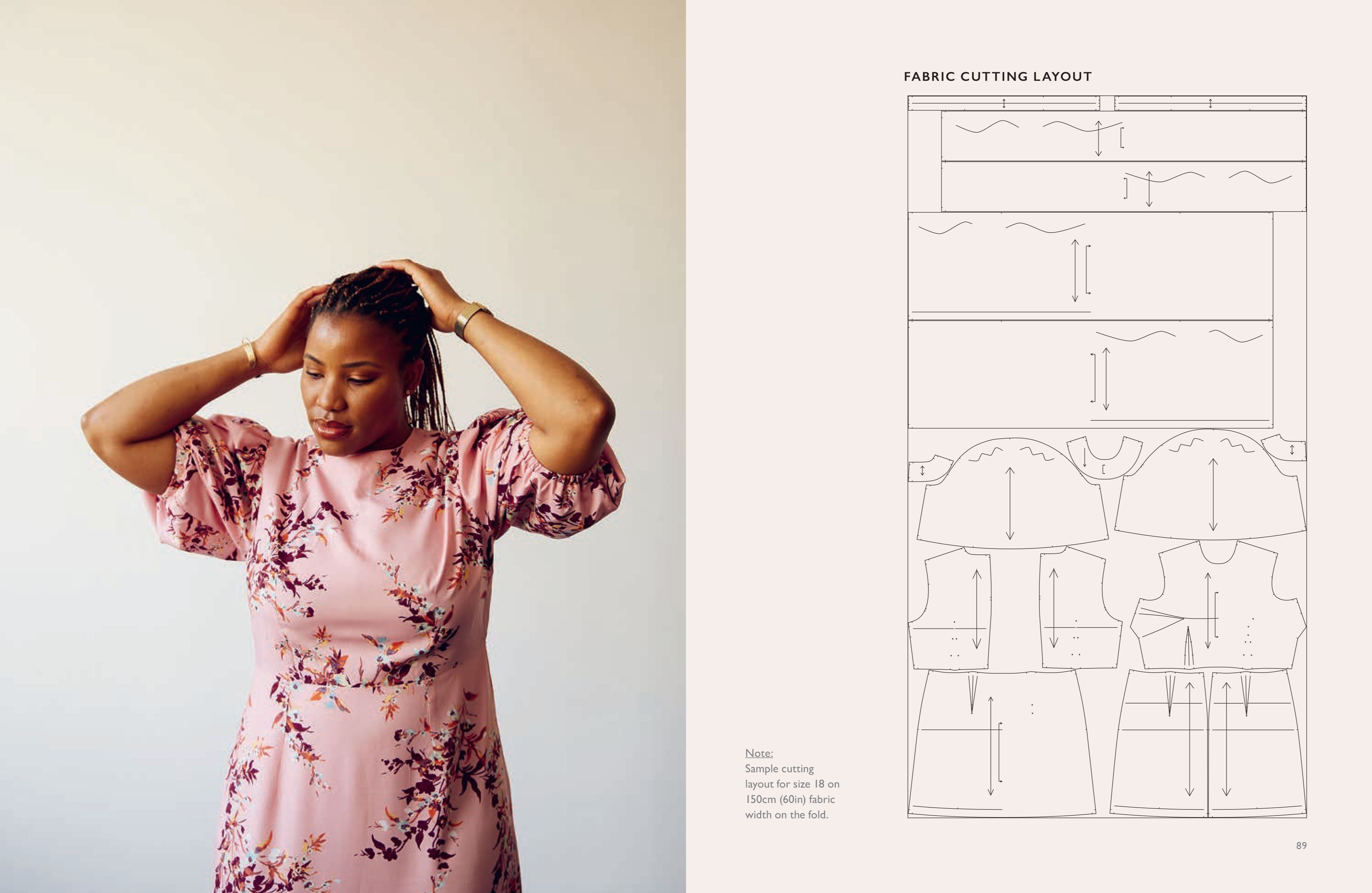 A split-page layout showing a woman wearing a pink floral dress on the left and a fabric cutting layout diagram on the right.