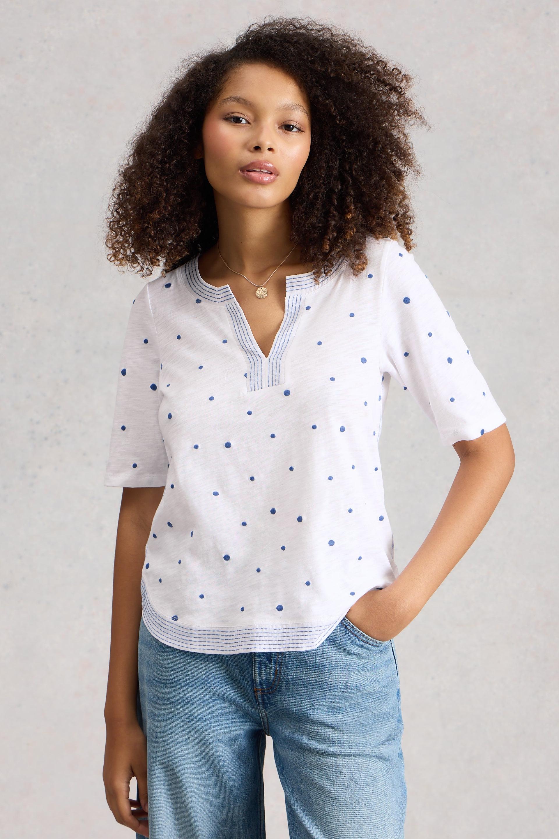 White Stuff Weaver Notch Embroidered White Mlt Tee