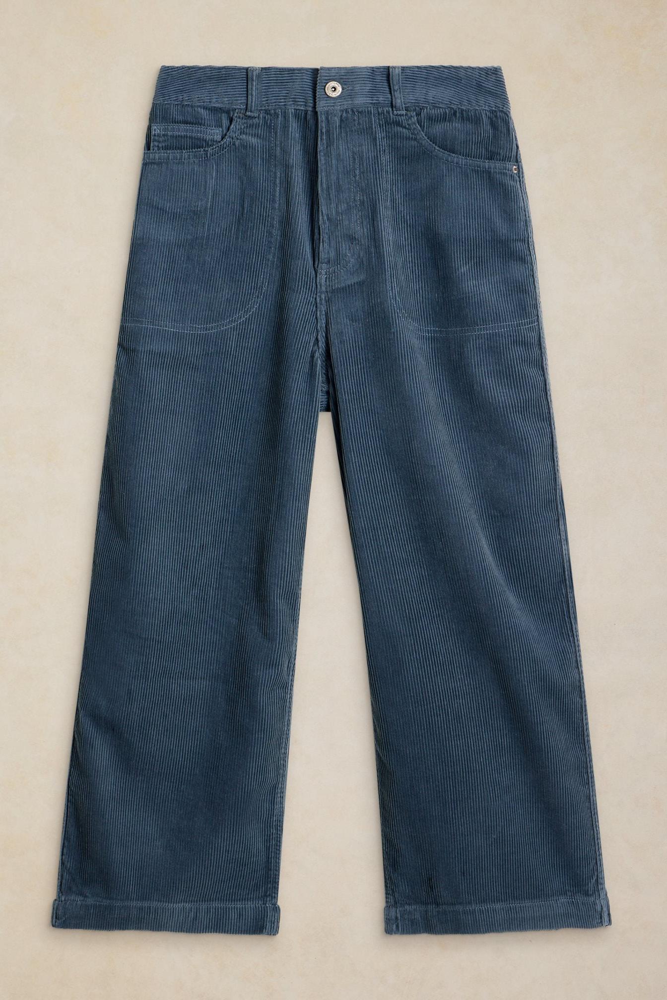 Women's blue wide leg cord trousers by White Stuff made from organic cotton.