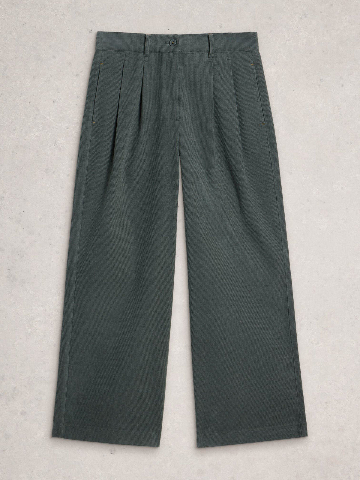 A pair of dark green women's corduroy wide leg trousers laid flat against a neutral grey background.