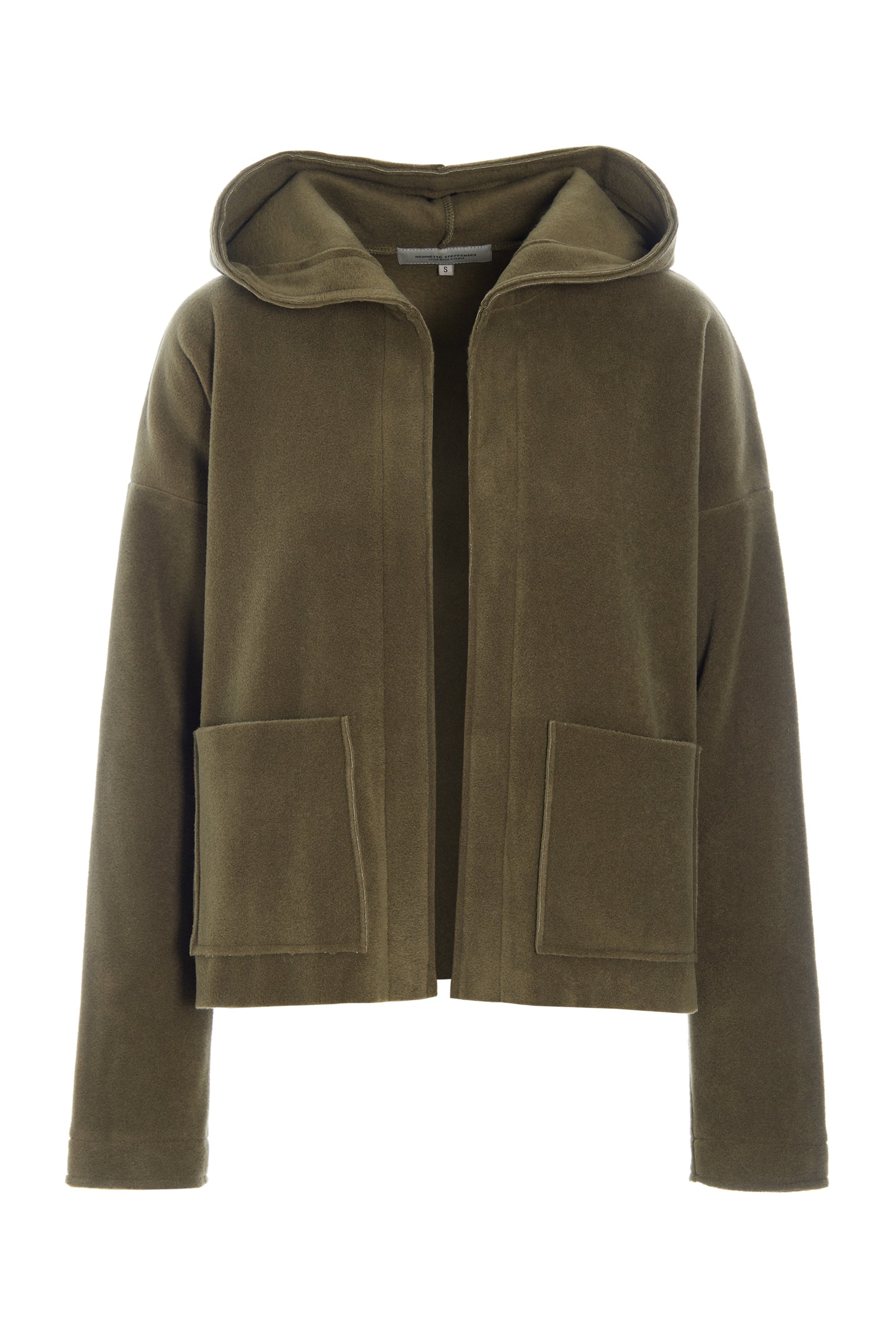 An olive green hooded jacket with a front zipper, two large patch pockets, and a relaxed fit, shown against a plain white background.
