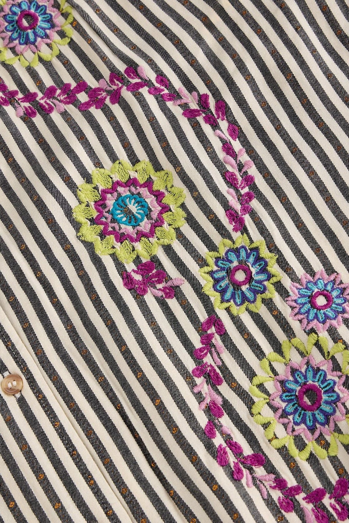 Close up of a White Stuff women's blouse with black stripes and colorful floral embroidery.