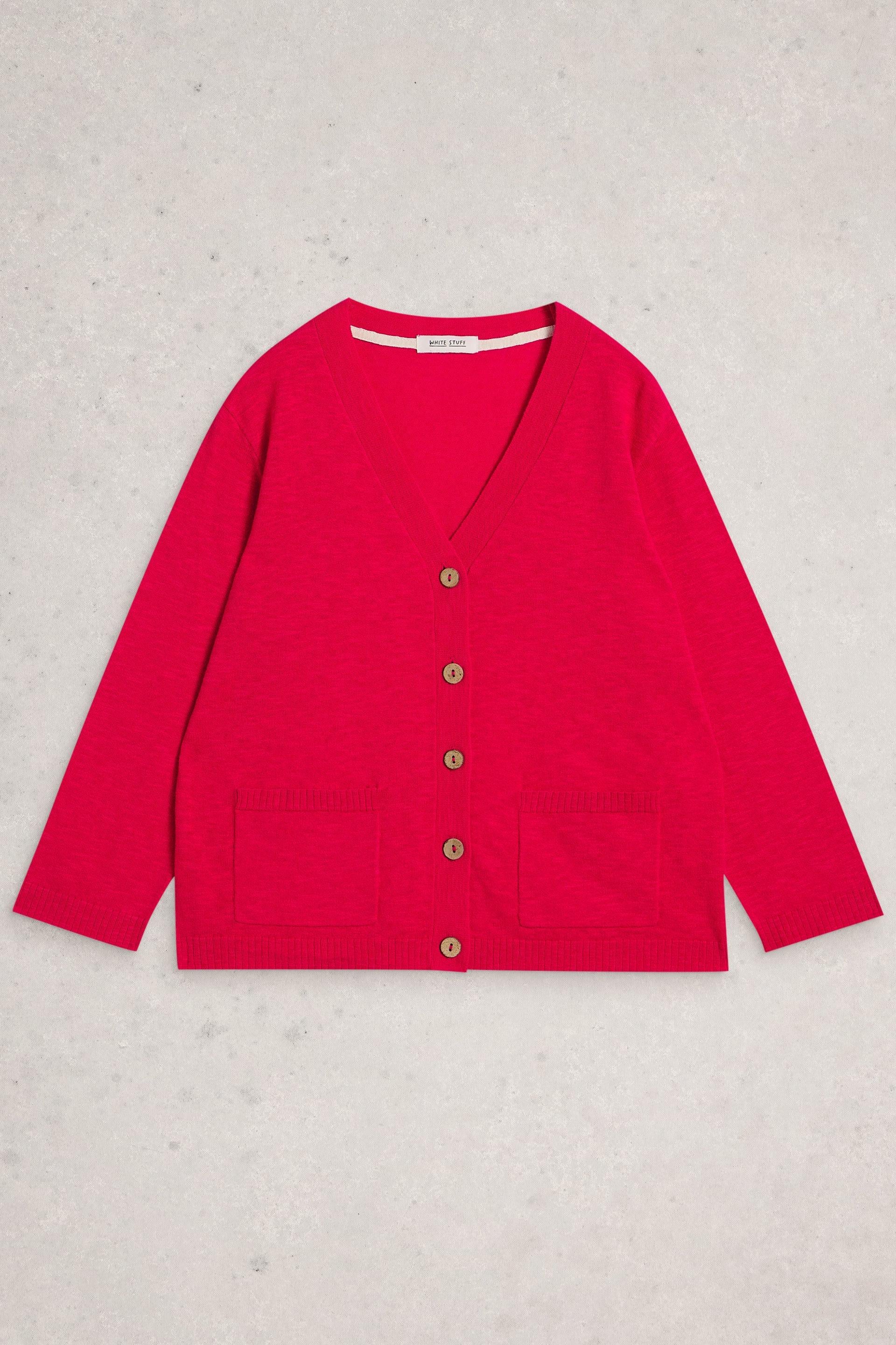 Pink organic cotton white stuff cardigan on a light gray background