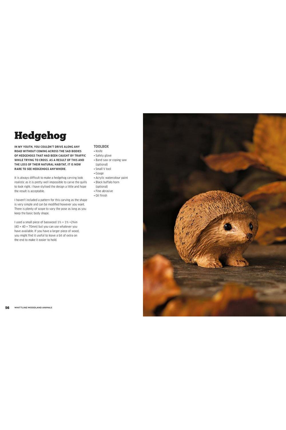 Hedgehog figurine on a dark surface with text on the left side.
