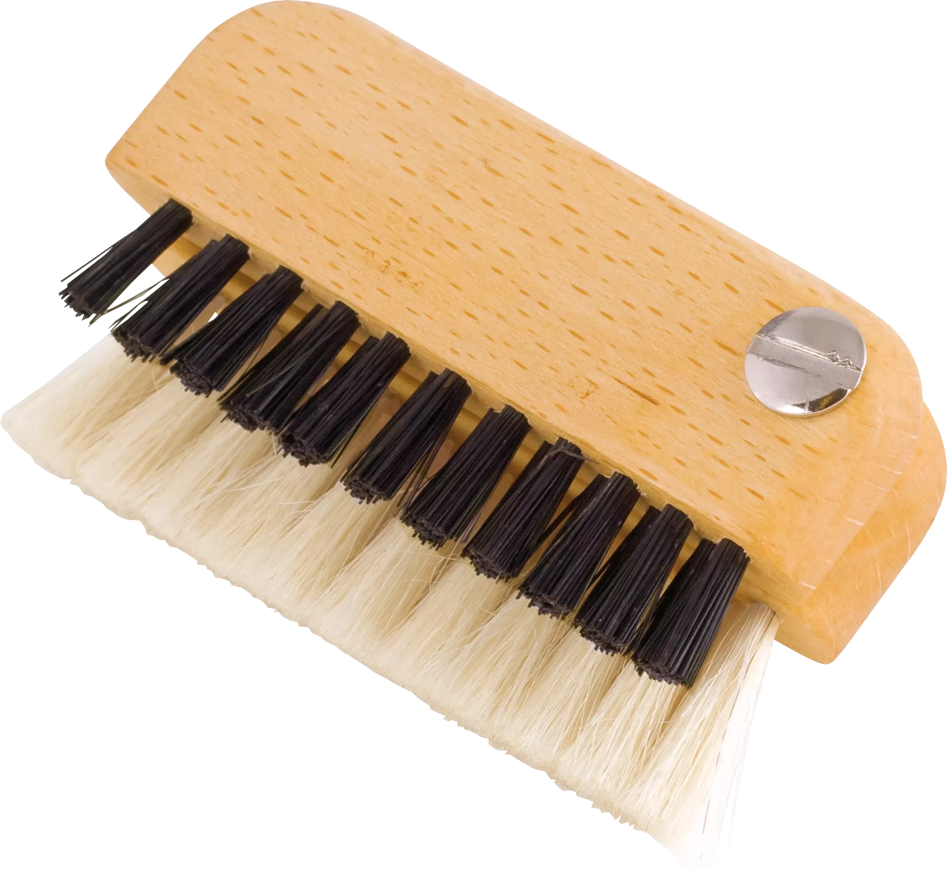 Small brush with black bristles and a wooden handle on a white background