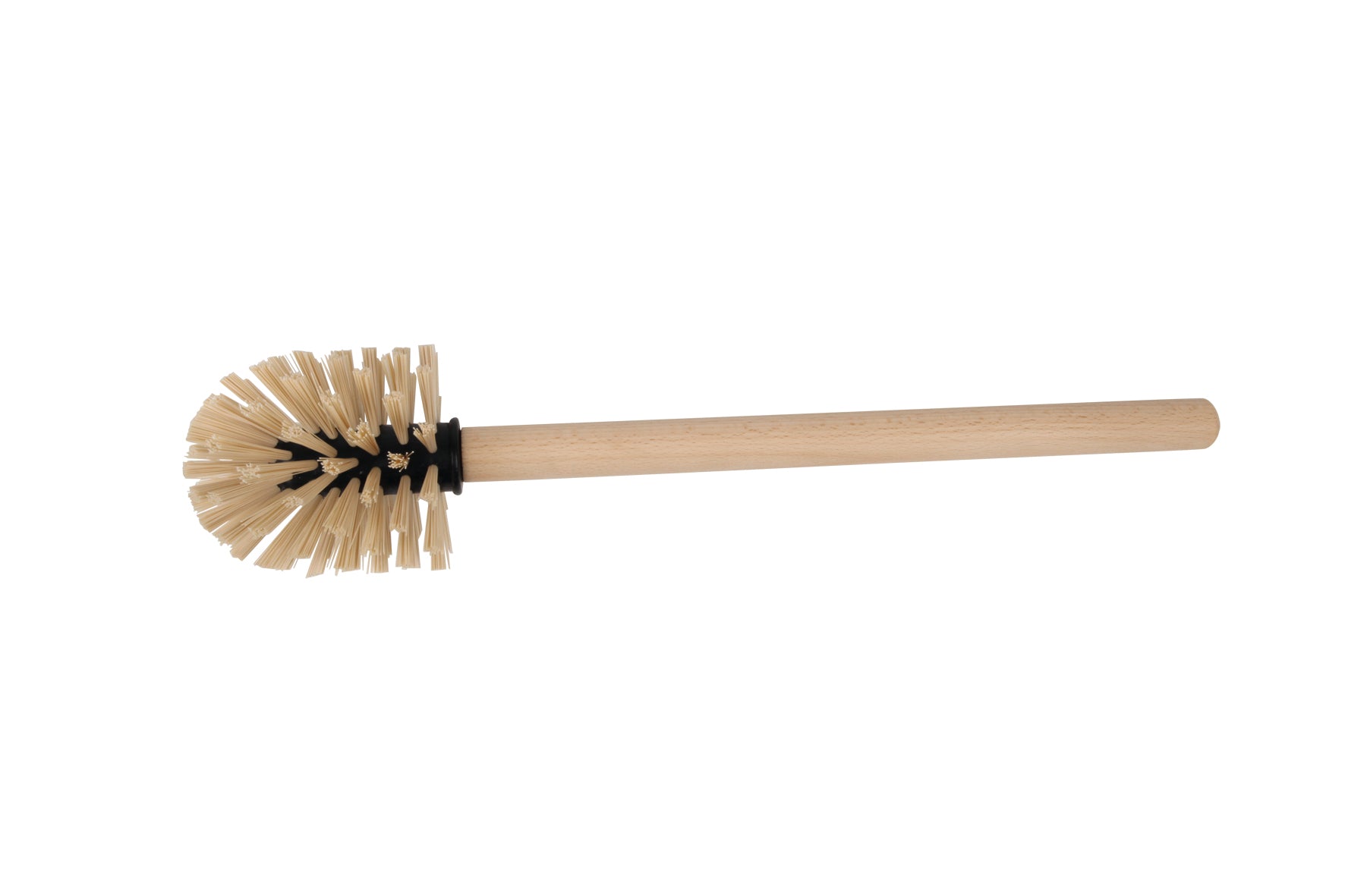 Toilet brush with wooden handle and bristle head on a white background