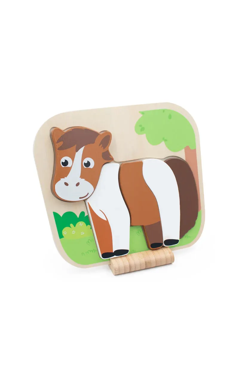 Wooden horse puzzle with a stand on a white background