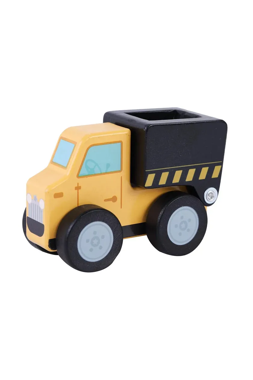 Toy dump truck with black bed on a white background