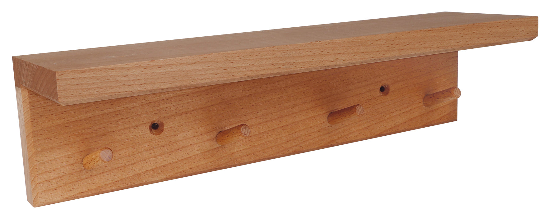 Wooden shelf with four hooks on a white background