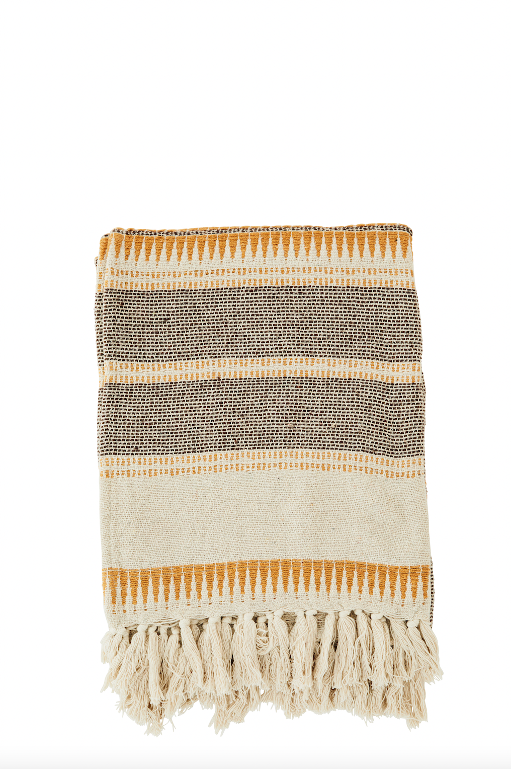 A folded woven cotton throw blanket featuring mustard yellow and dark brown geometric stripes with fringe tassels.