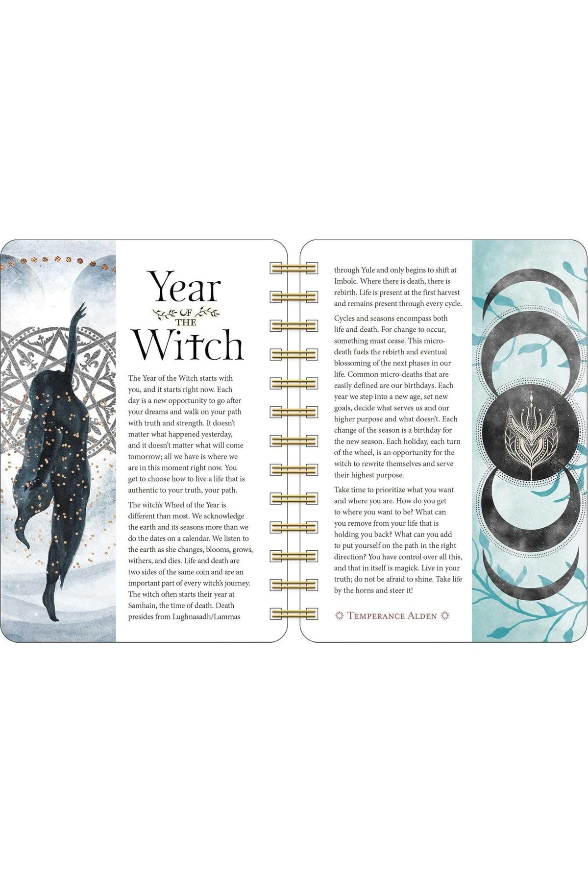 Open pages of a Year of the Witch planner featuring mystical illustrations and inspirational text.