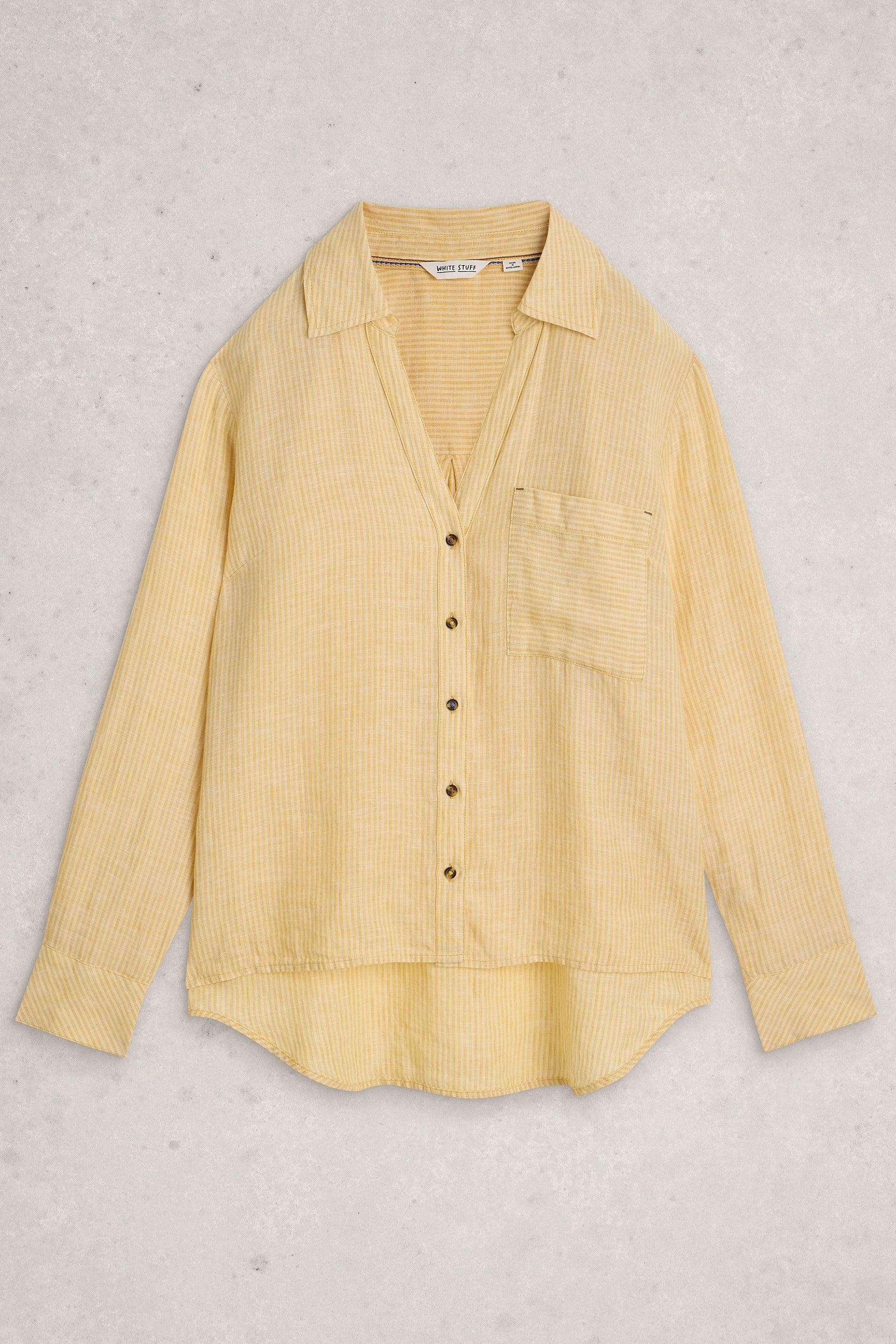Yellow striped linen shirt with collar and single front pocket on a light gray background.