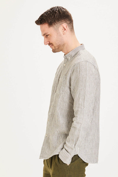 Knowledge Cotton Larch Long Sleeve Striped Linen Custom Fit Shirt in Forest Night - GOTS/Vegan-Mens-Ohh! By Gum - Shop Sustainable