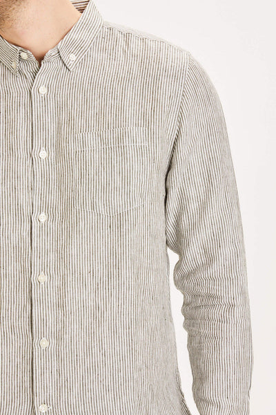 Knowledge Cotton Larch Long Sleeve Striped Linen Custom Fit Shirt in Forest Night - GOTS/Vegan-Mens-Ohh! By Gum - Shop Sustainable