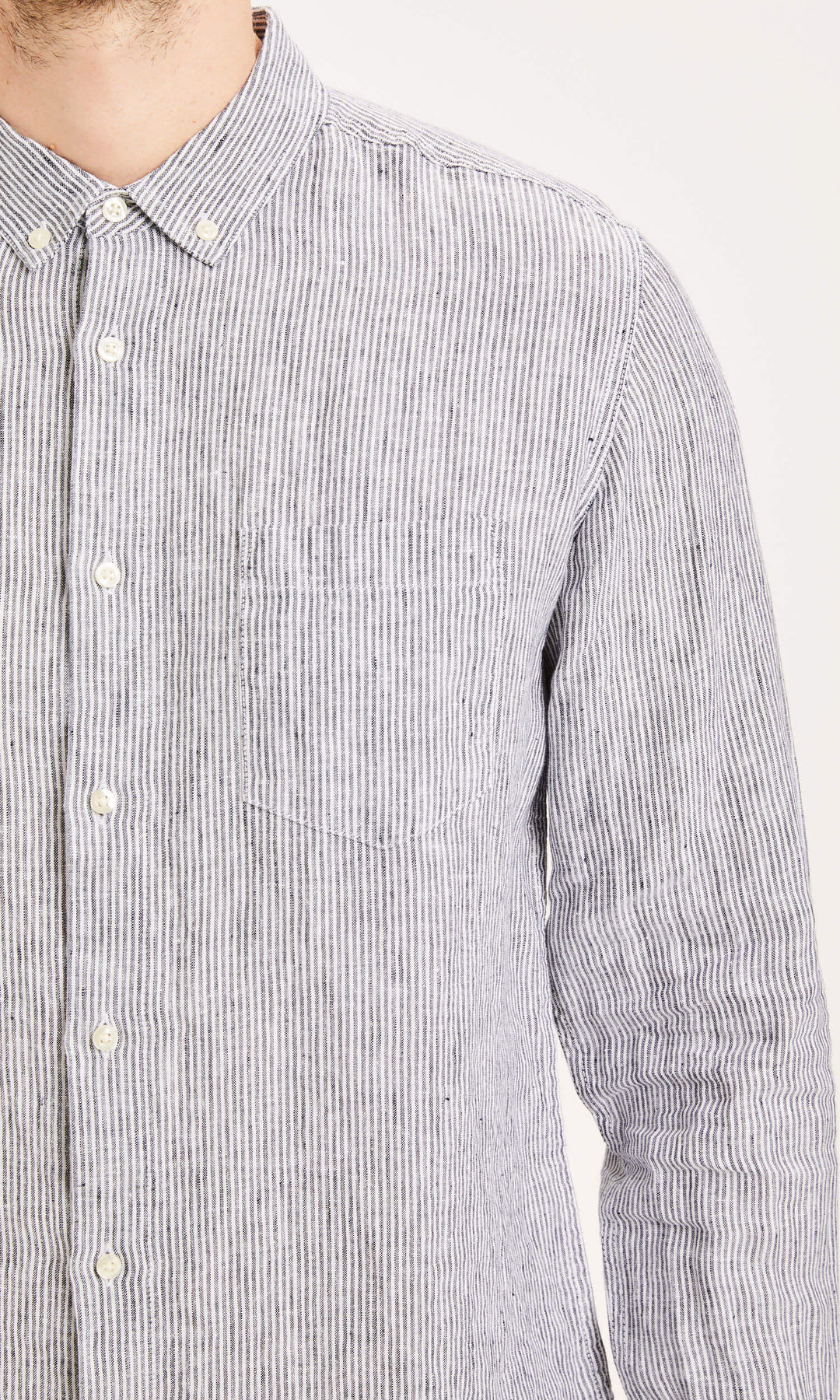Knowledge Cotton Larch Long Sleeve Striped Linen Custom Fit Shirt in Total Eclipse - GOTS/Vegan-Mens-Ohh! By Gum - Shop Sustainable
