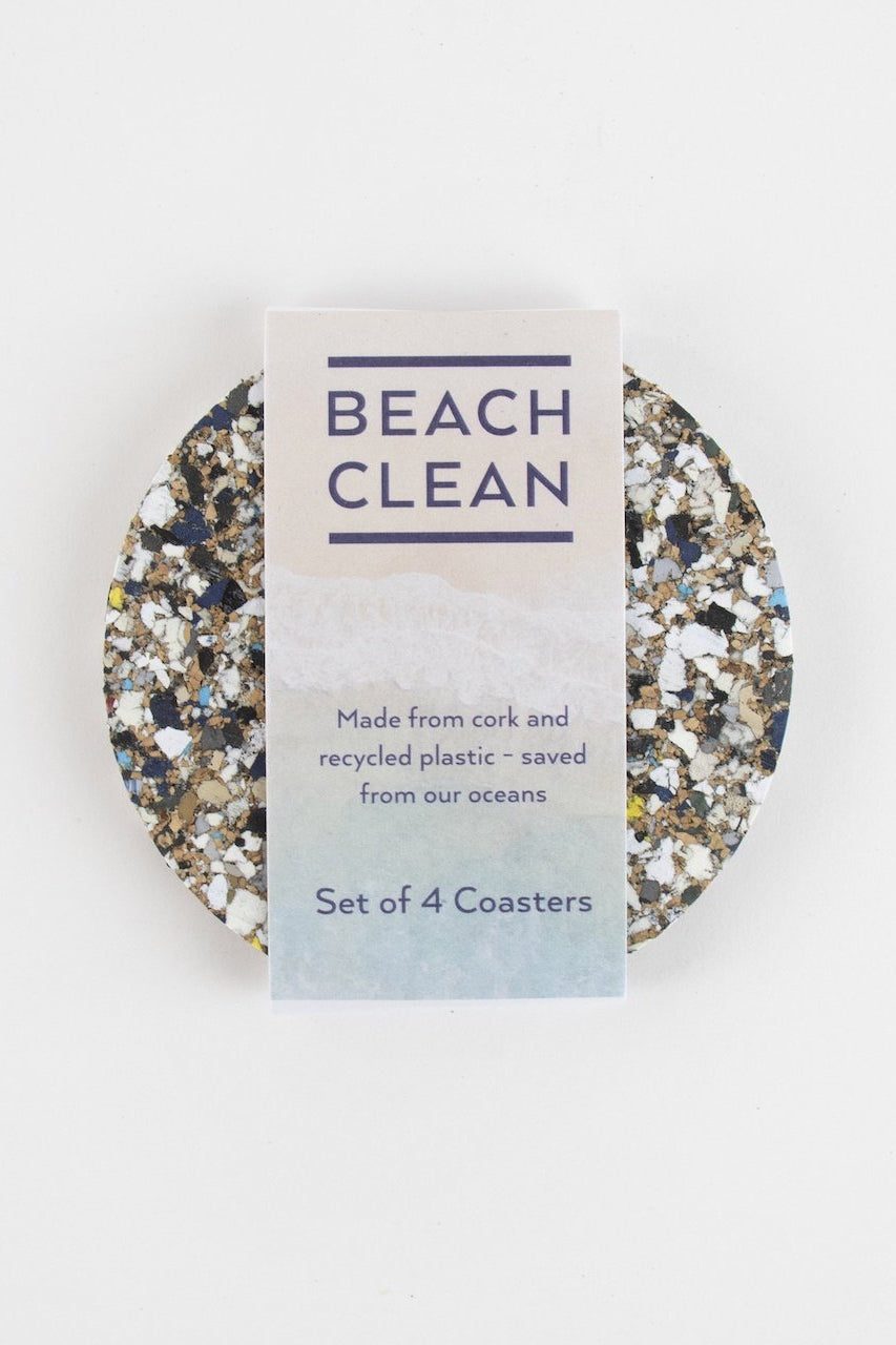 Set of Liga Beach Clean Round Coasters, each featuring a unique design made from recycled EVA plastics and eco-friendly cork.