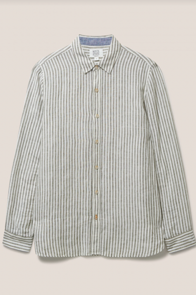 White Stuff Pembroke Long Sleeve Stripe Linen Shirt in Khaki Green-Mens-Ohh! By Gum - Shop Sustainable